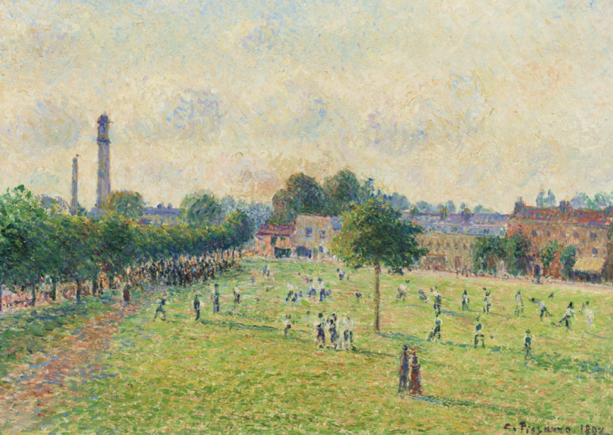 Painting in pointillist style by Camille Pissarro of Kew Green in 1892. It looks north across the green towards what is now the Greyhound Pub with the tower of the steam museum in the distance on the left.
