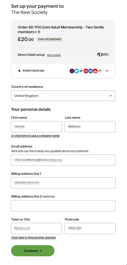 GoCardless Direct Debit setup page