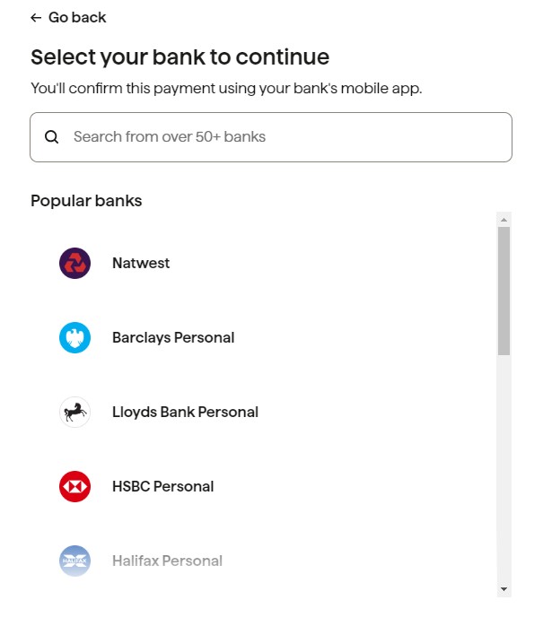 GoCardless - select your bank page
