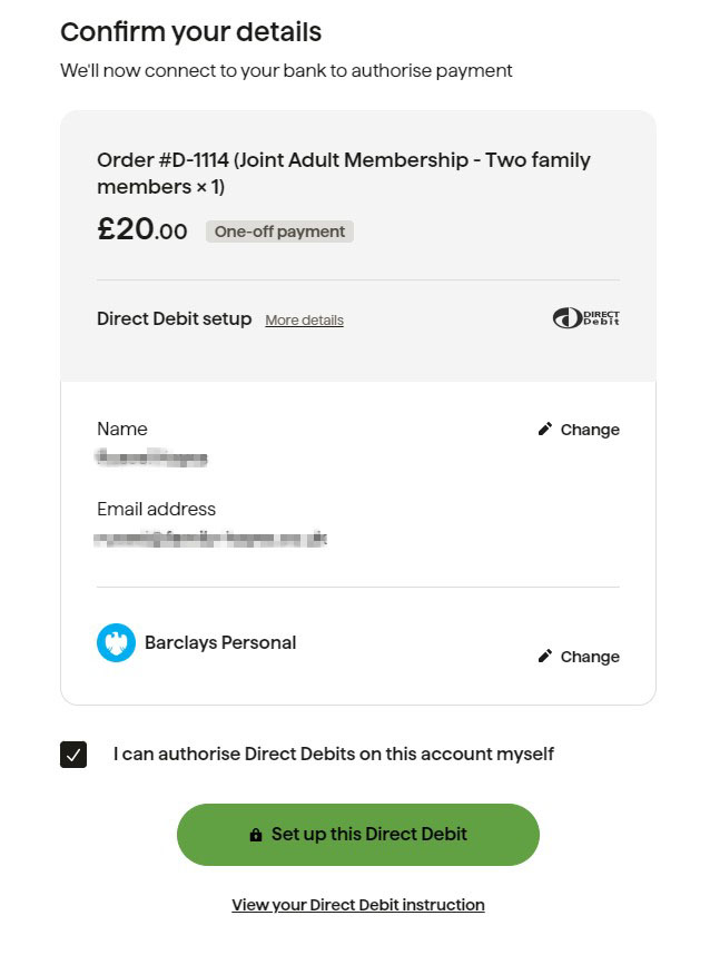 GoCardless confirmation page