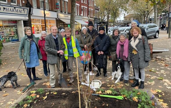 A group of 12 people are standing in a line behind a freshly dug square flower bed. Eveyone is dressed for winter and smiling. There is a tree newly planted sapling in the centre of the bed which is leafless. One elderly man is leaning on a shovel. On his right is a lady wearing a hi-viz yellow jacket. In the background there is a row of shops and some parked cars
