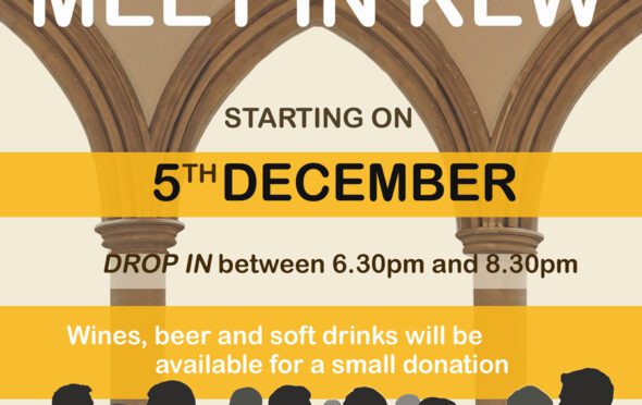 Image of the Meet in Kew Poster showing the stone arches and columns of a church like interior with silhouettes of people chatting