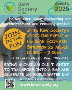 Image shows information about the Kew Society upcycling activity. It is written over a picture of 3 grey t-shirts