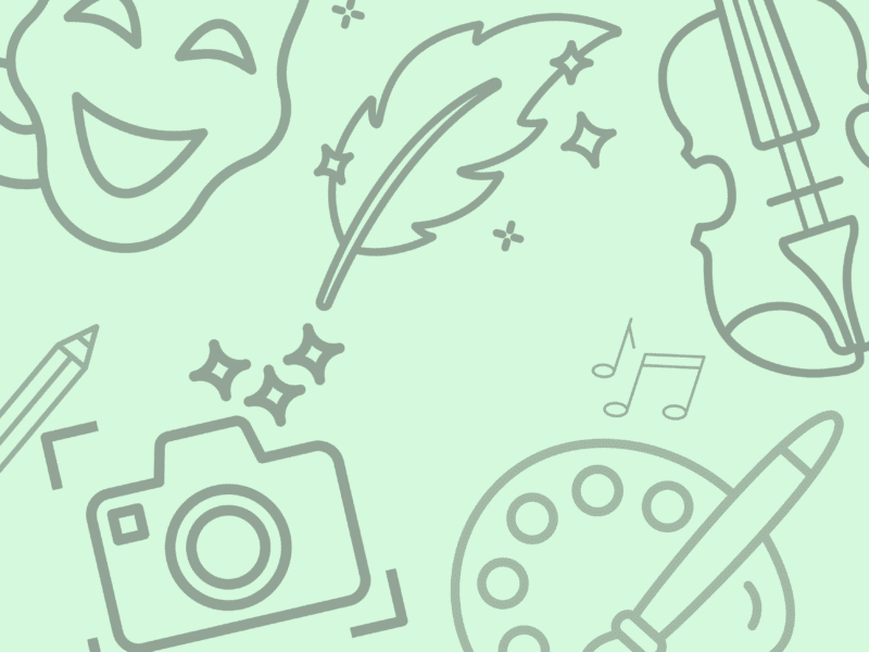 Image is a light green colour with simple outline drawings in grey of arts related objects. A camera, a violin, a mask, a paint pallet, a pot, a pencil, and a brush.