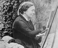 A black and white photograph of Marianne North painting in front of her easel